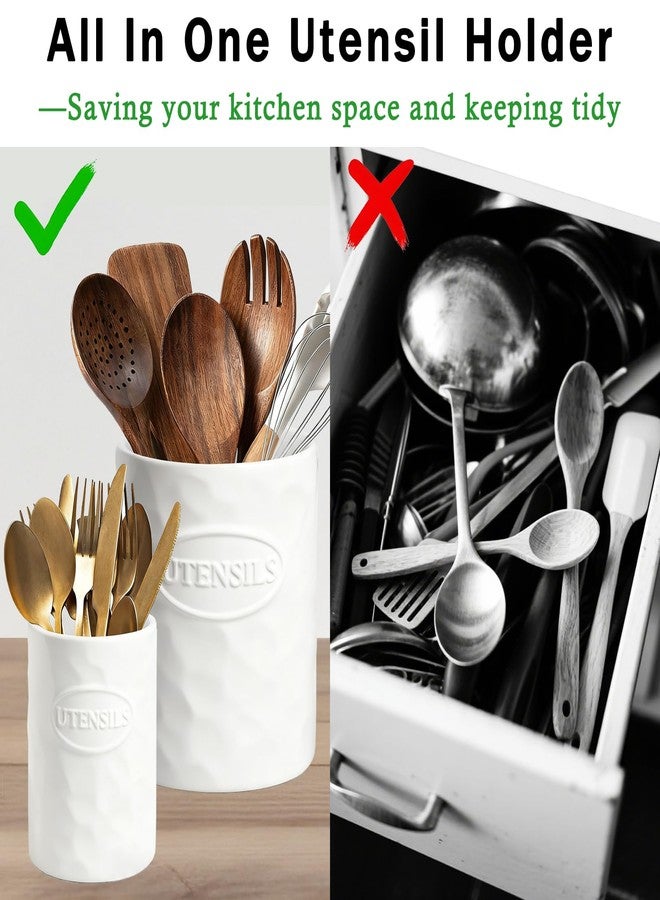 KJEC Utensil Holder, 7.3"+5.4" Ceramic Kitchen Utensil Holder Set of 2, Cooking Utensil Crocks for Countertop, Large Morden Farmhouse Utensil Vase for Housewarming, Kitchen Decor, White - Image 3